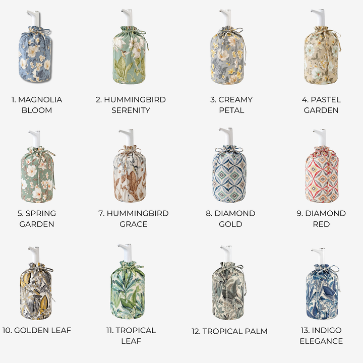 A grid of 13 fabric drawstring bottle covers with printed floral and geometric patterns