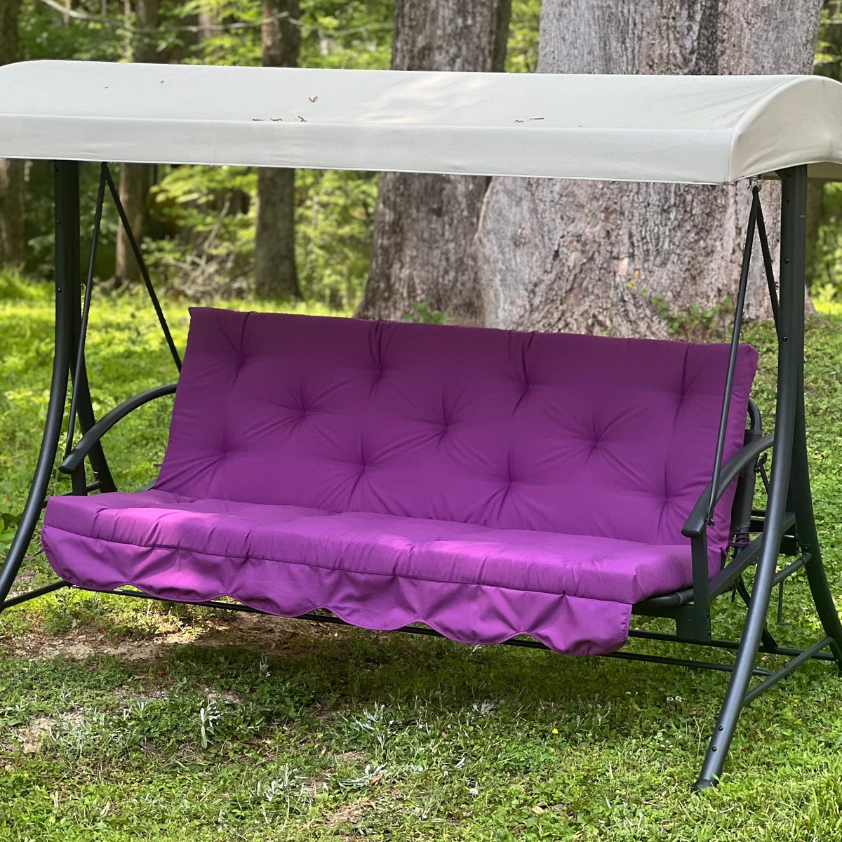 Custom outdoor porch swing cushion with backrest in purple gabardine fabric