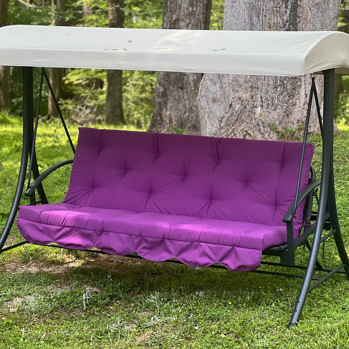 Custom outdoor porch swing cushion with backrest in purple gabardine fabric