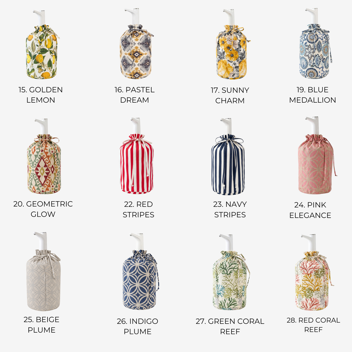 A grid of 12 drawstring pouches in different printed and patterned fabrics, 
