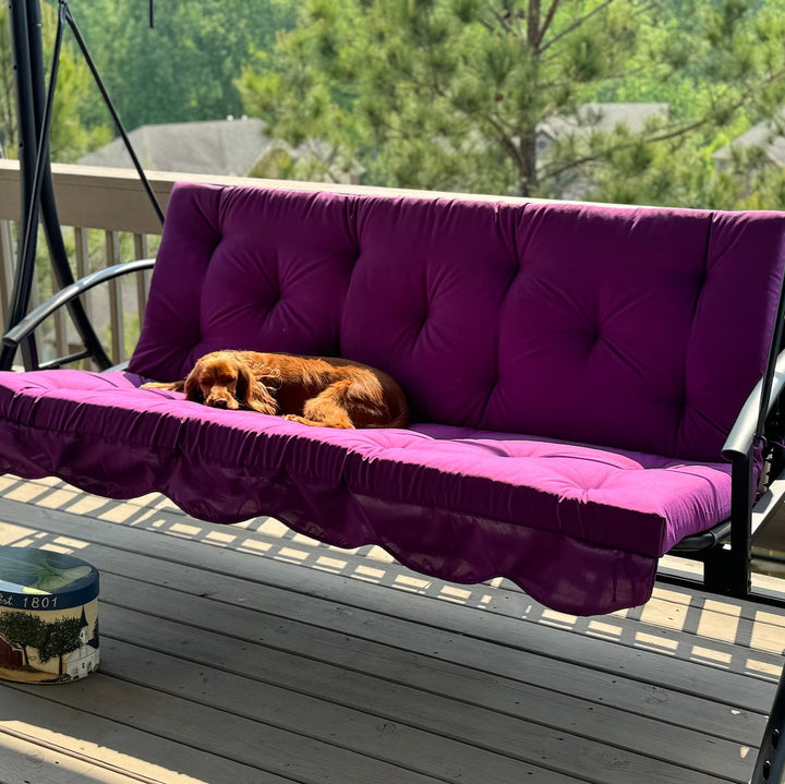 Custom outdoor porch swing cushion with backrest in purple gabardine fabric