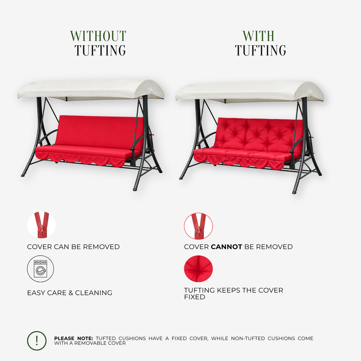 Red Oxford outdoor swing cushion with backrest for porch and patio seating