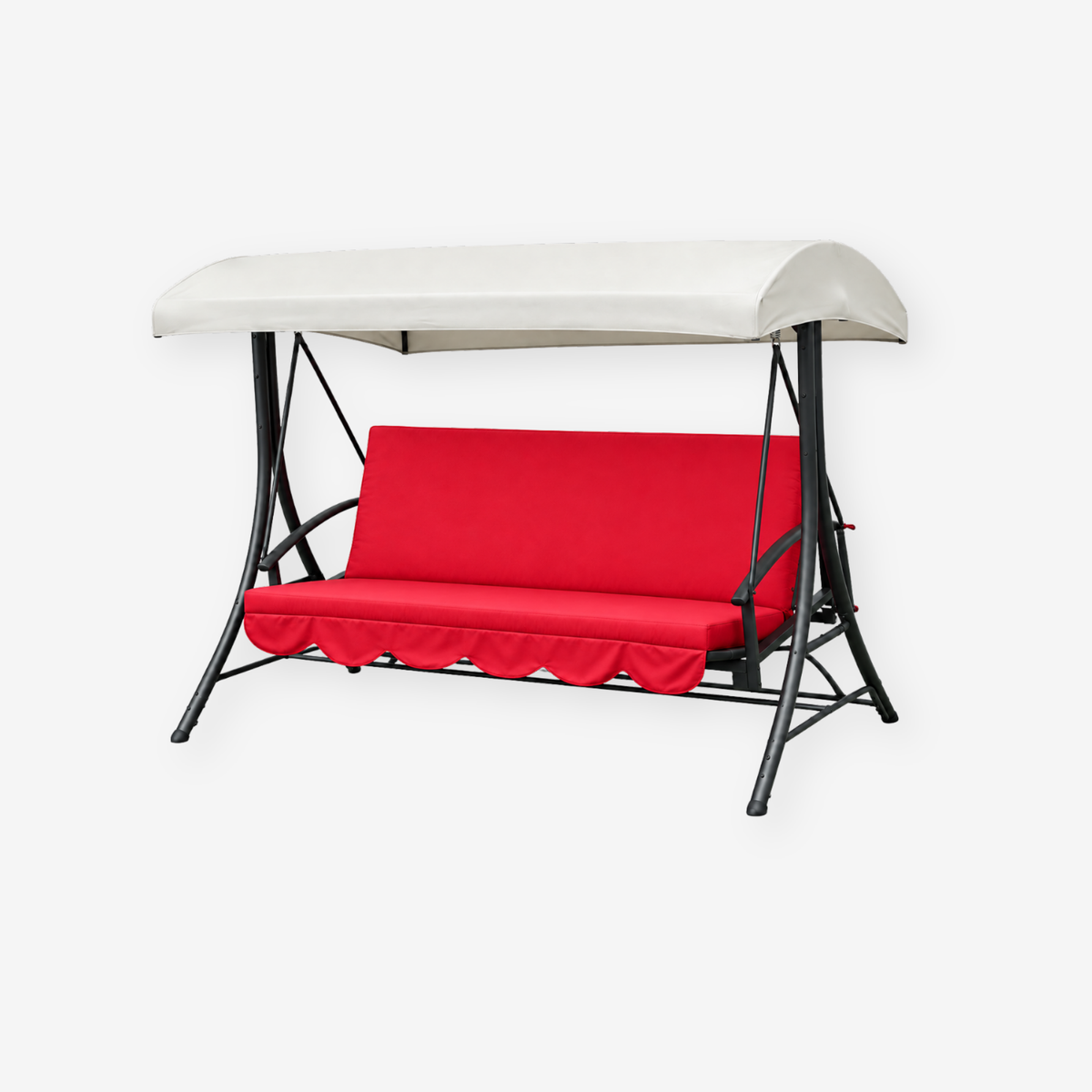 Red Oxford outdoor swing cushion with backrest for porch and patio seating