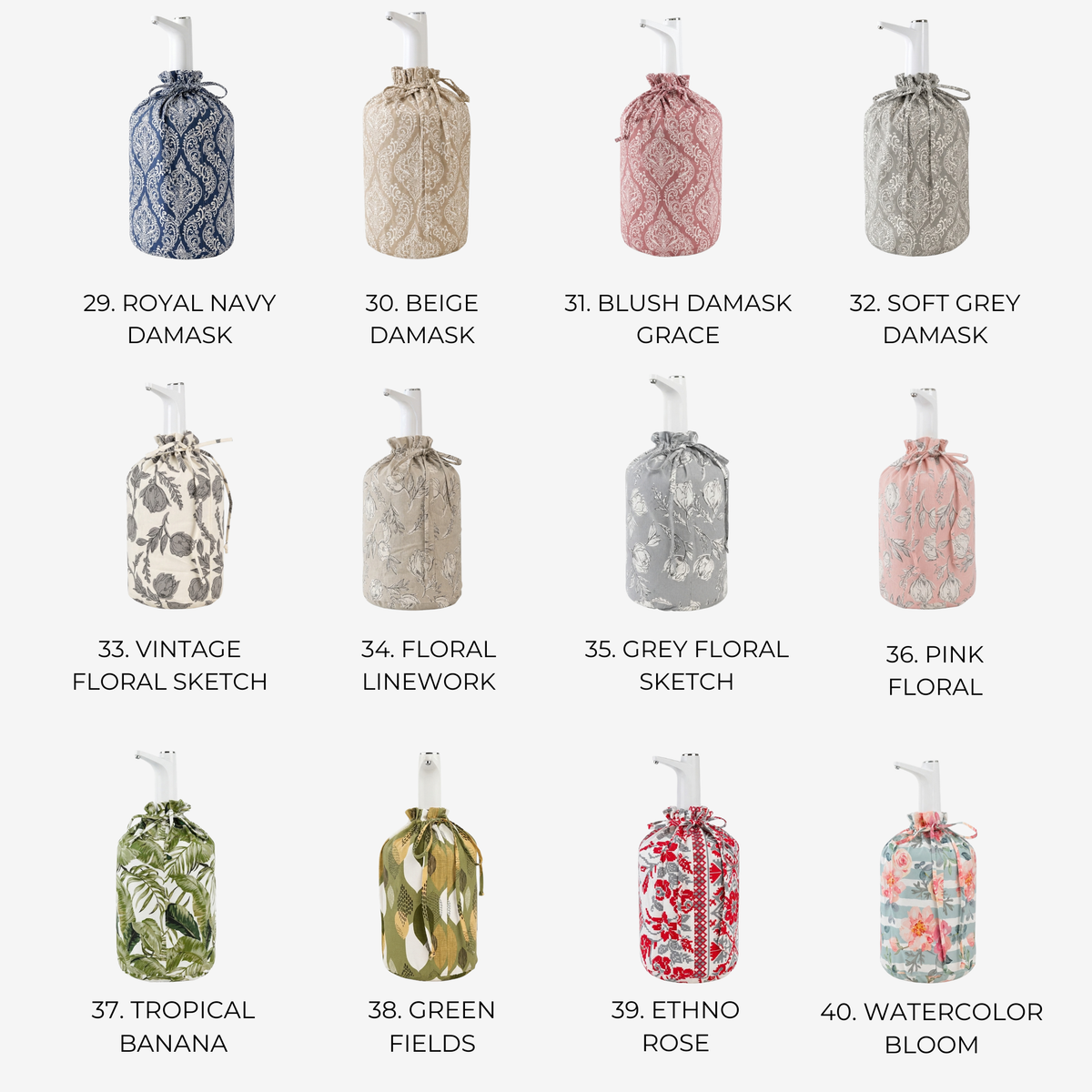 A grid of 12 pump bottle covers