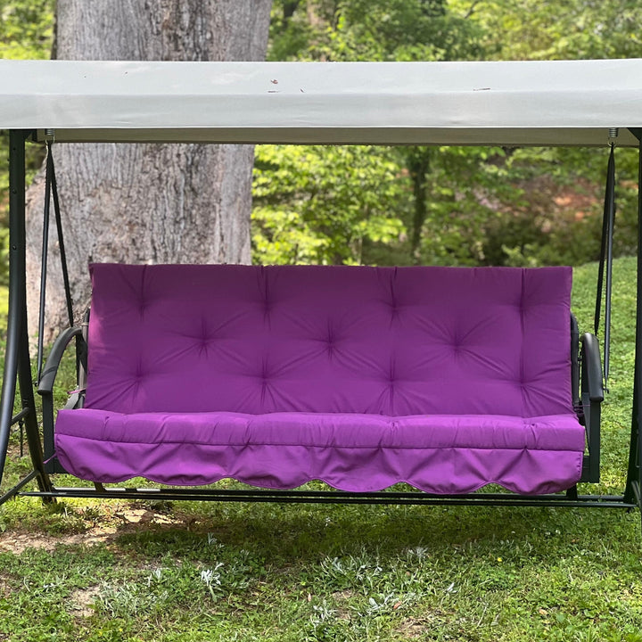Custom outdoor porch swing cushion with backrest in purple gabardine fabric