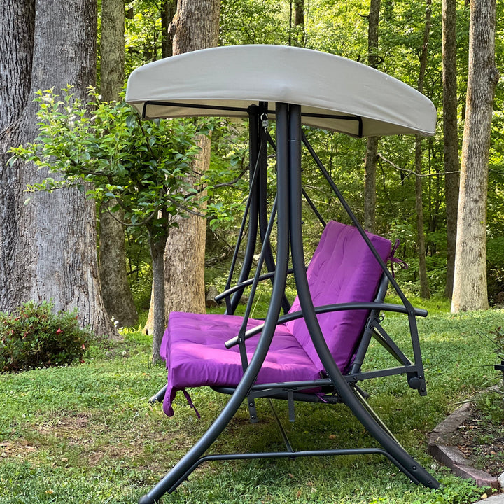 Custom outdoor porch swing cushion with backrest in purple gabardine fabric