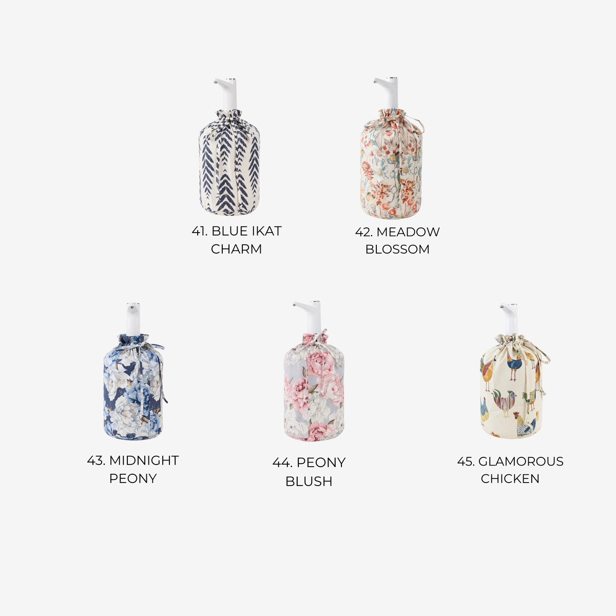 Five pump bottle covers arranged on a light gray background, each with a different printed