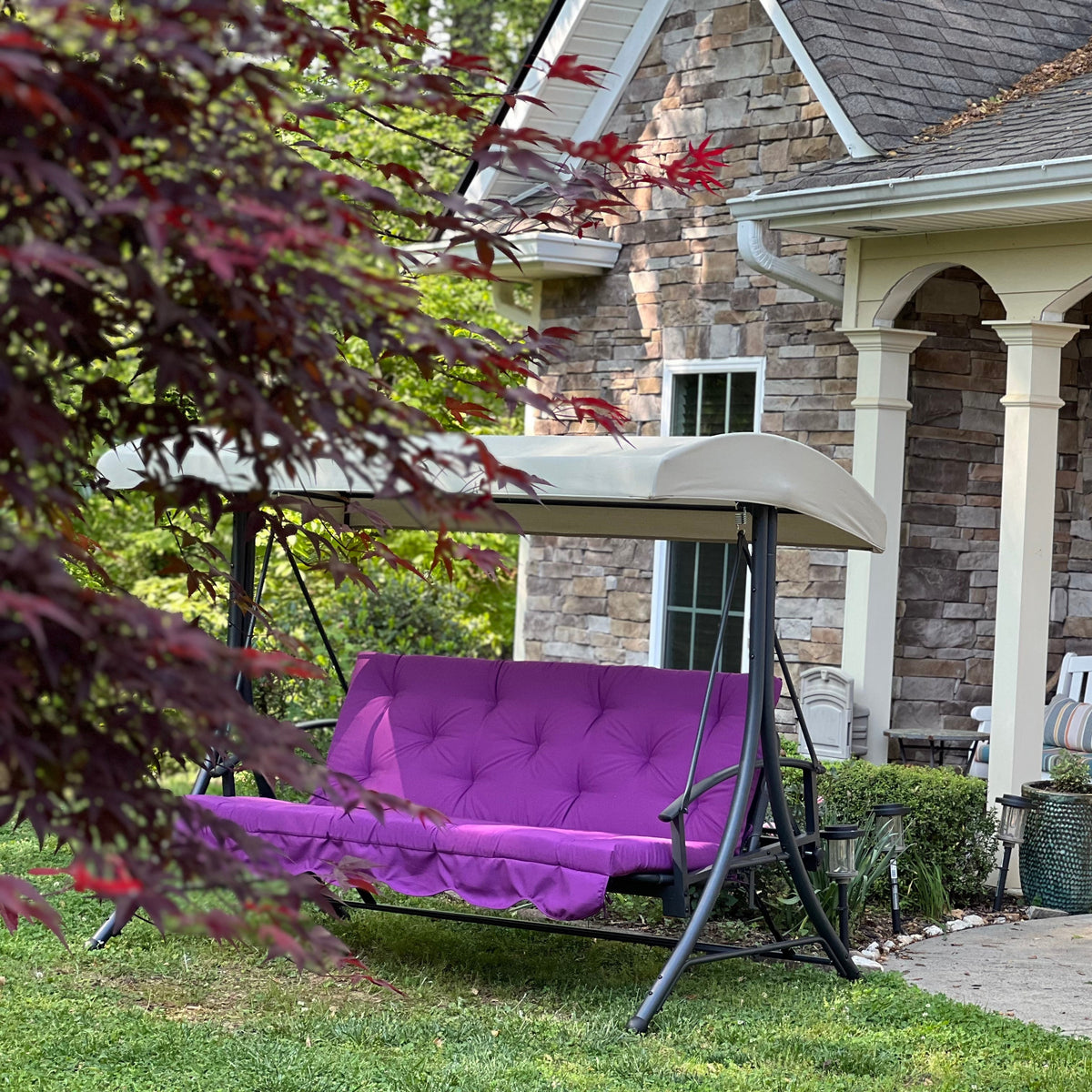 Custom outdoor porch swing cushion with backrest in purple gabardine fabric
