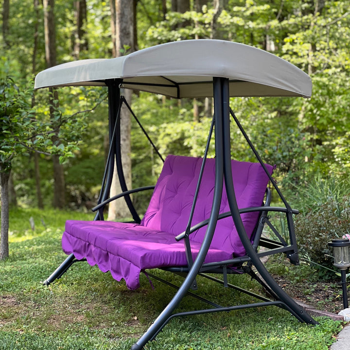 Custom outdoor porch swing cushion with backrest in purple gabardine fabric