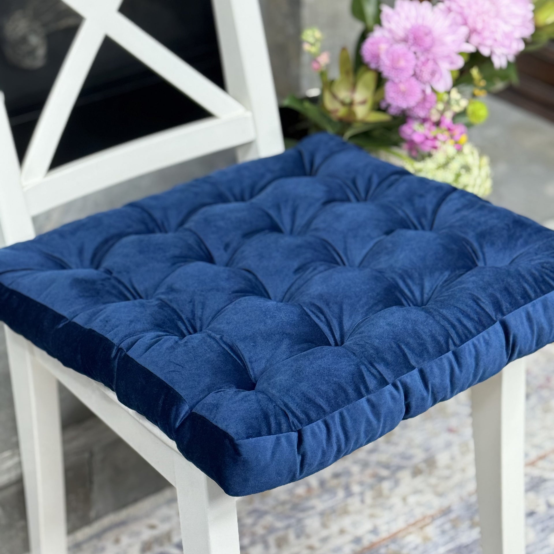 Sapphire Velvet Seat Cushion, Tufted Chair Pad