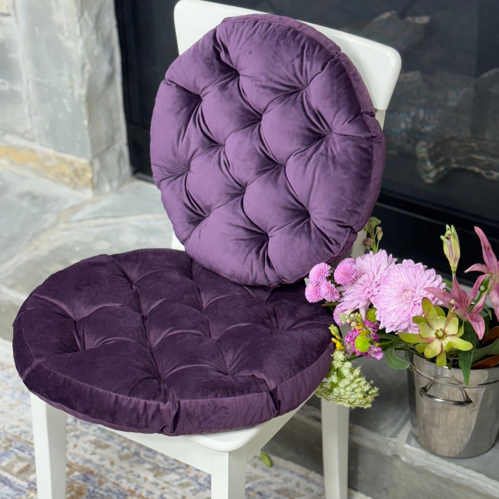 Round Velvet Chair Cushion, Tufted Seat Pad
