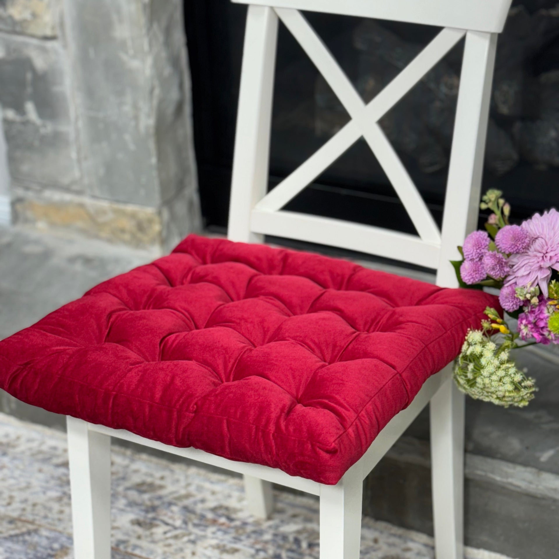 Square Velvet Cushion, Seat Pad in Poppy Red