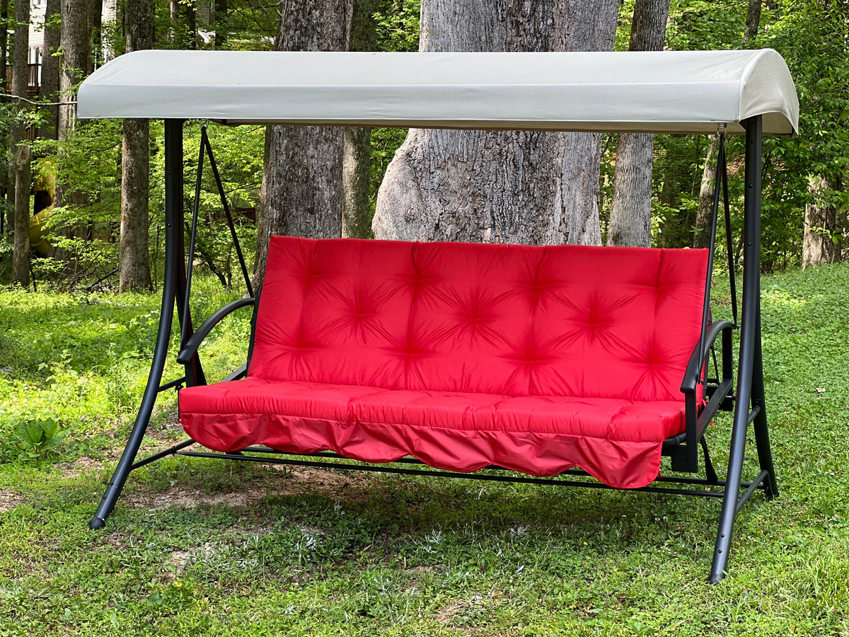 Red Oxford outdoor swing cushion with backrest for porch and patio seating