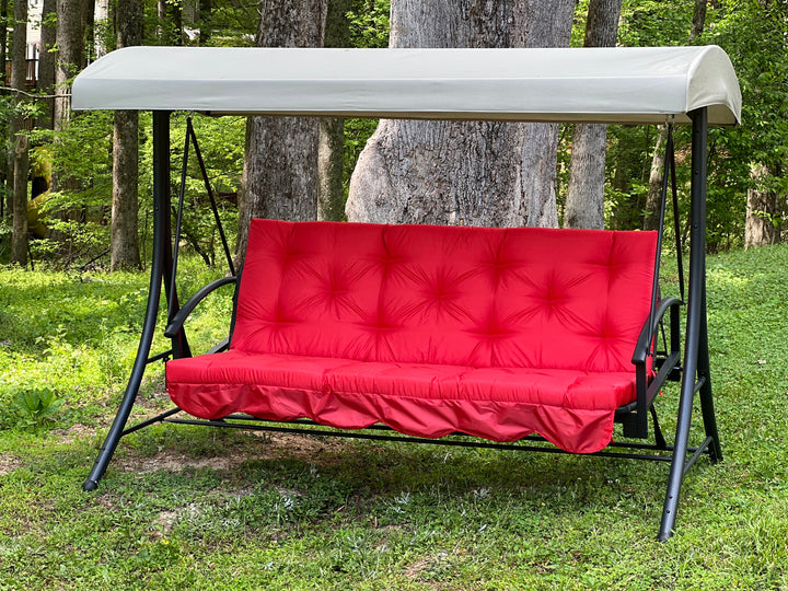 Red Oxford outdoor swing cushion with backrest for porch and patio seating