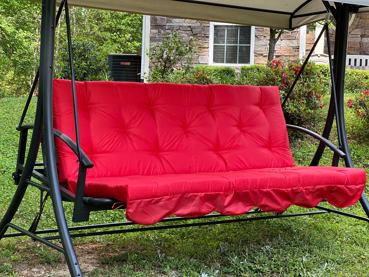 Red Oxford outdoor swing cushion with backrest for porch and patio seating