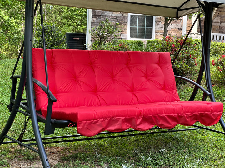 Red Oxford outdoor swing cushion with backrest for porch and patio seating