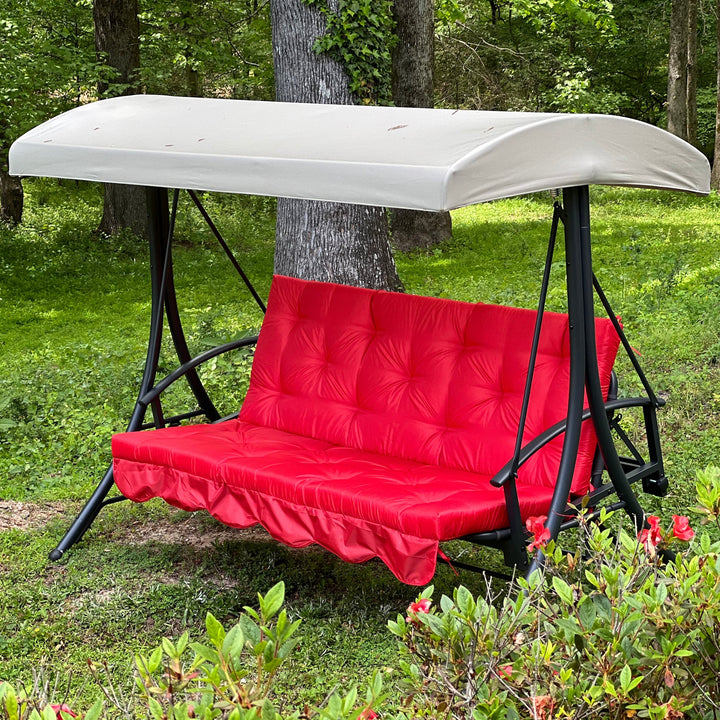 Red Oxford outdoor swing cushion with backrest for porch and patio seating