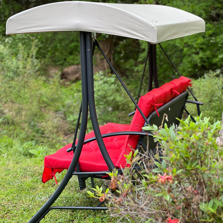 Red Oxford outdoor swing cushion with backrest for porch and patio seating