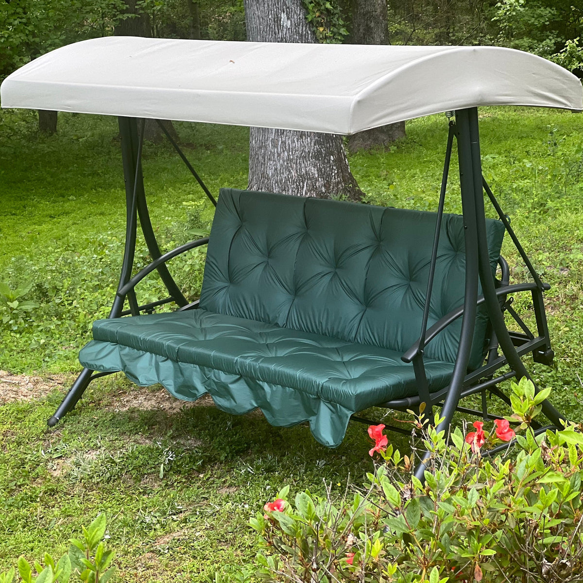 Custom outdoor porch swing cushion with backrest in green fabric