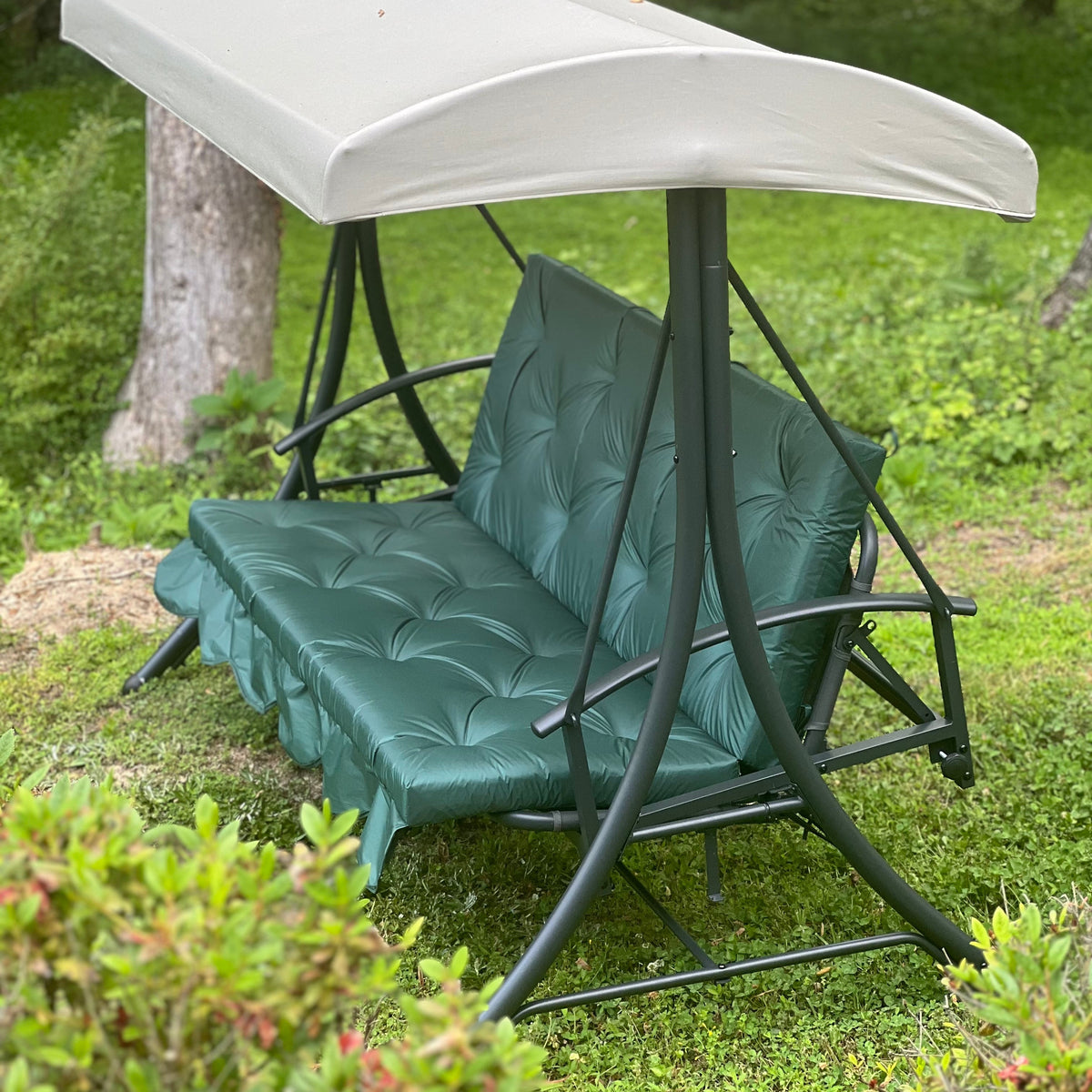 Custom outdoor porch swing cushion with backrest in green fabric