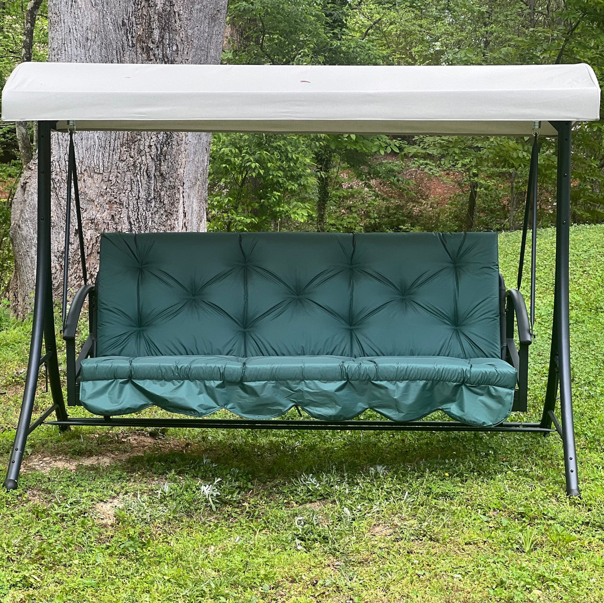 Custom outdoor porch swing cushion with backrest in green fabric