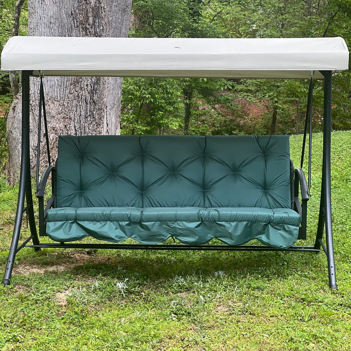 Custom outdoor porch swing cushion with backrest in green fabric