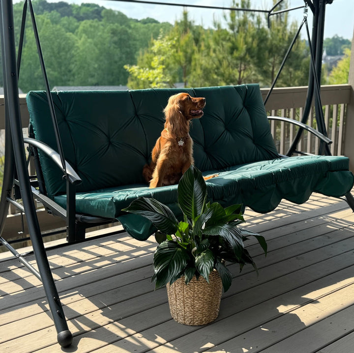 Custom outdoor porch swing cushion with backrest in green fabric