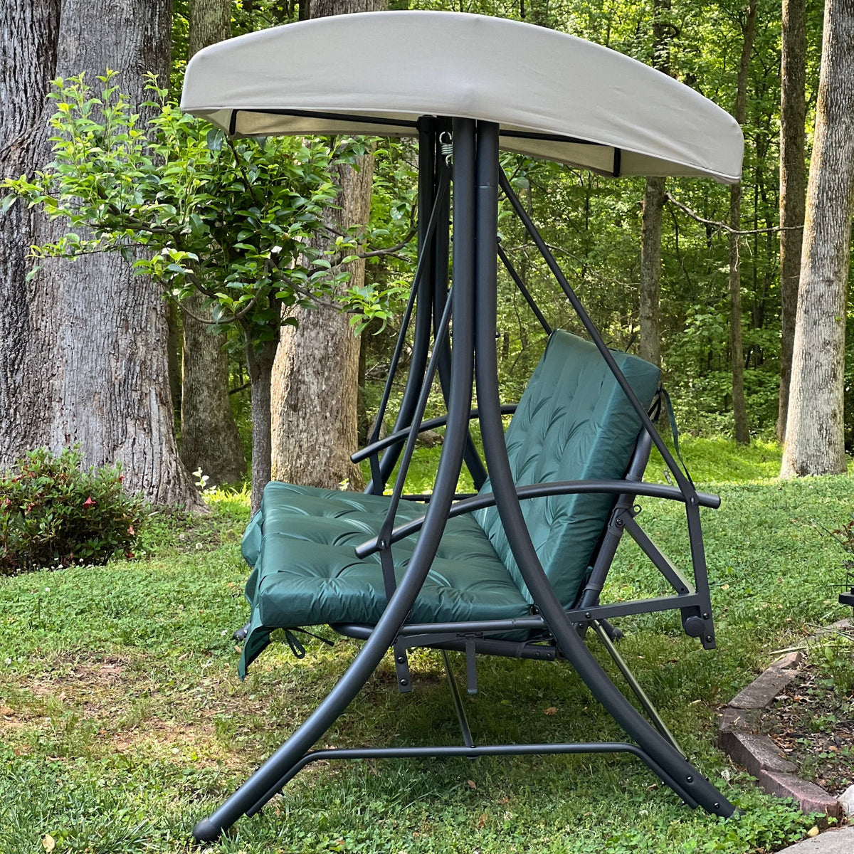 Custom outdoor porch swing cushion with backrest in green fabric