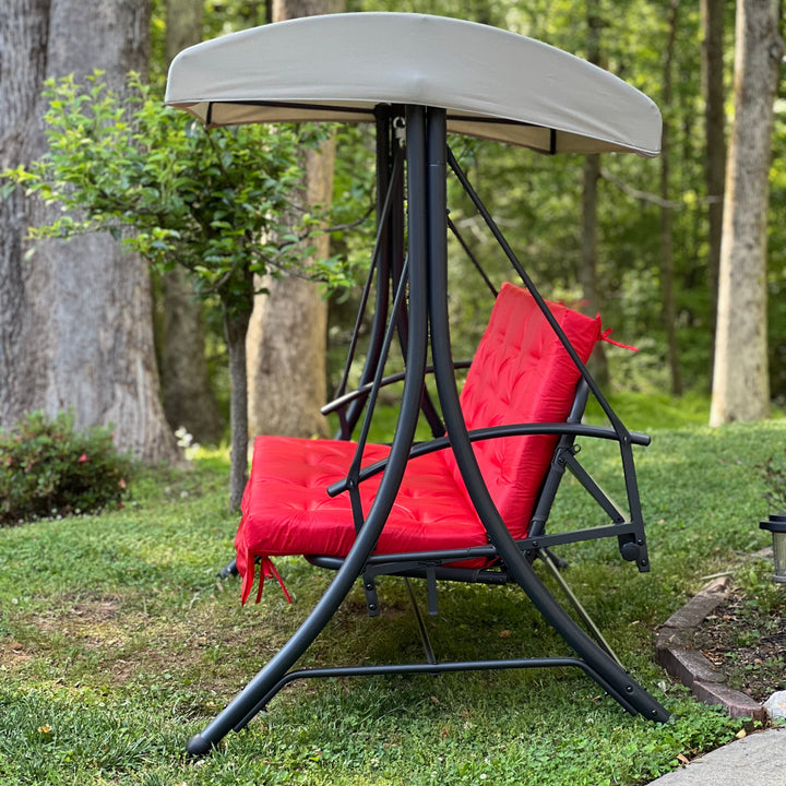 Red Oxford outdoor swing cushion with backrest for porch and patio seating