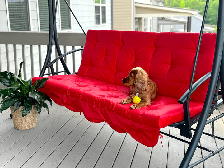 Red Oxford outdoor swing cushion with backrest for porch and patio seating
