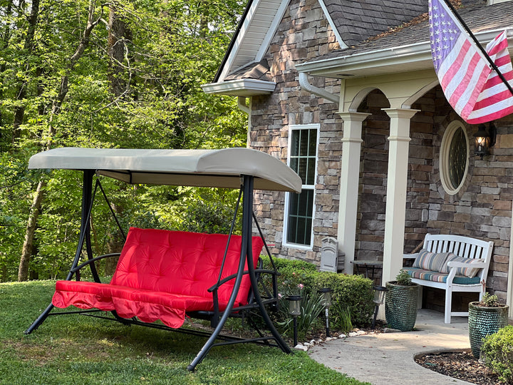 Red Oxford outdoor swing cushion with backrest for porch and patio seating