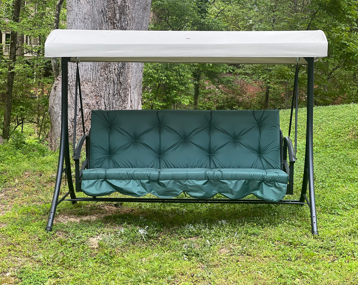 Custom outdoor porch swing cushion with backrest in green fabric