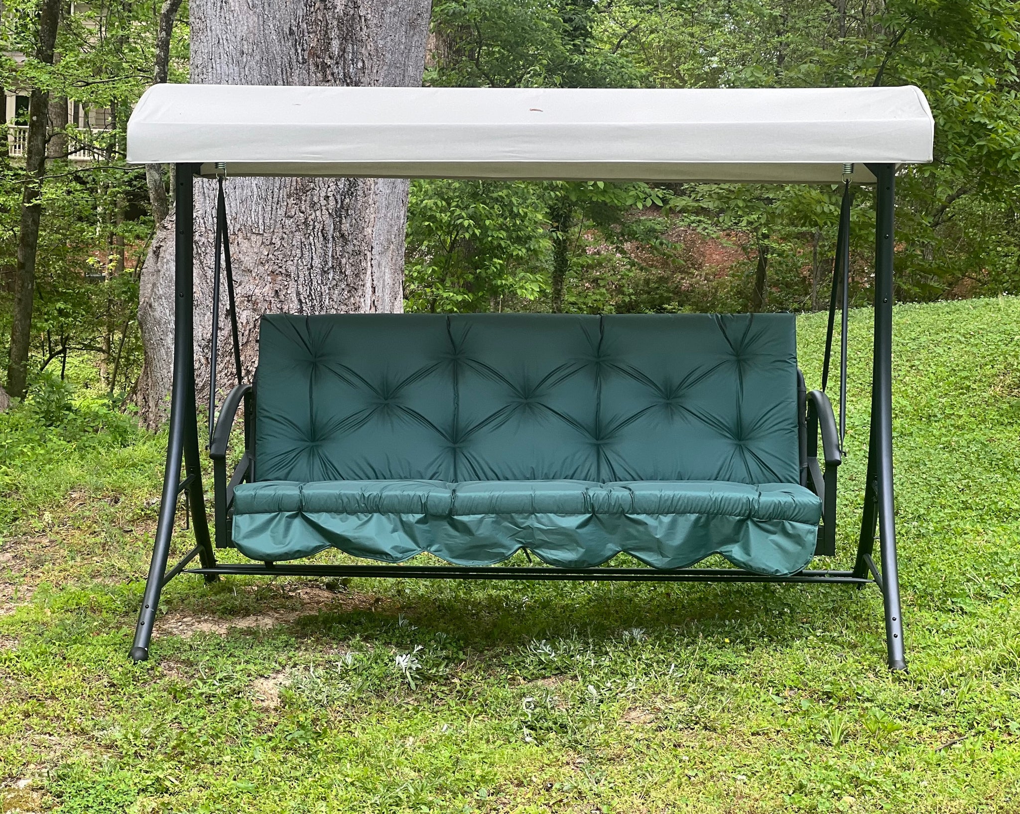 Custom outdoor porch swing cushion with backrest in green fabric