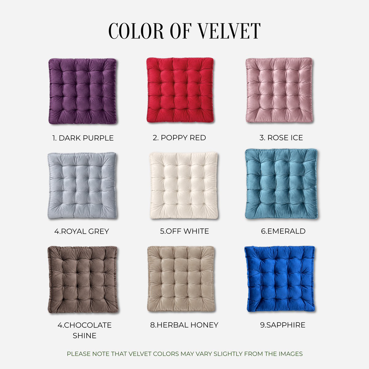 A color options chart for velvet cushions showing nine square tufted cushions in different colors