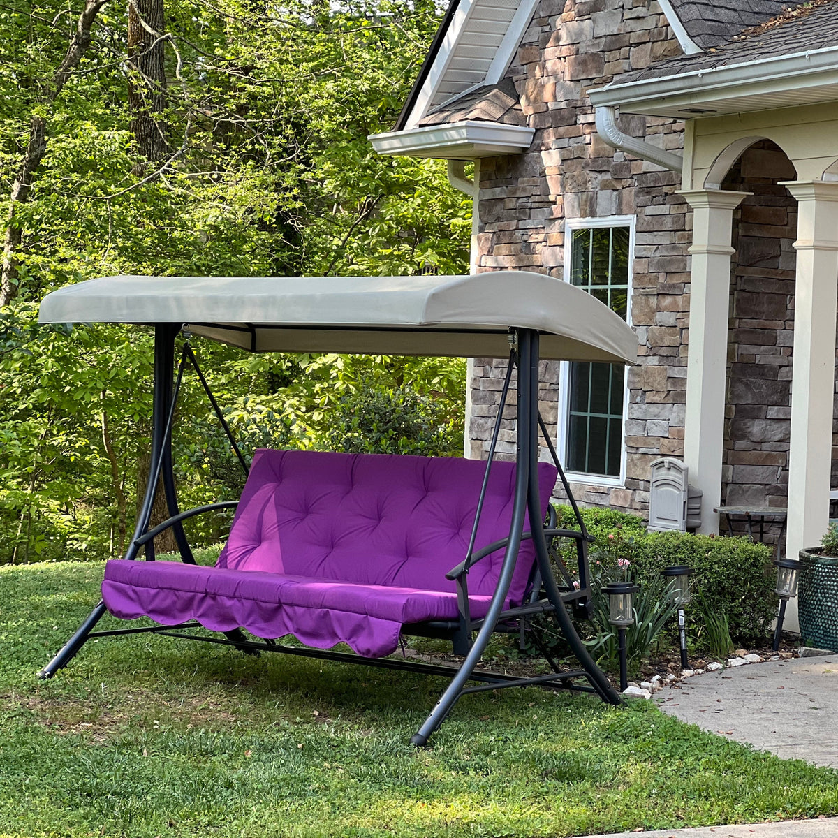 Custom outdoor porch swing cushion with backrest in purple gabardine fabric